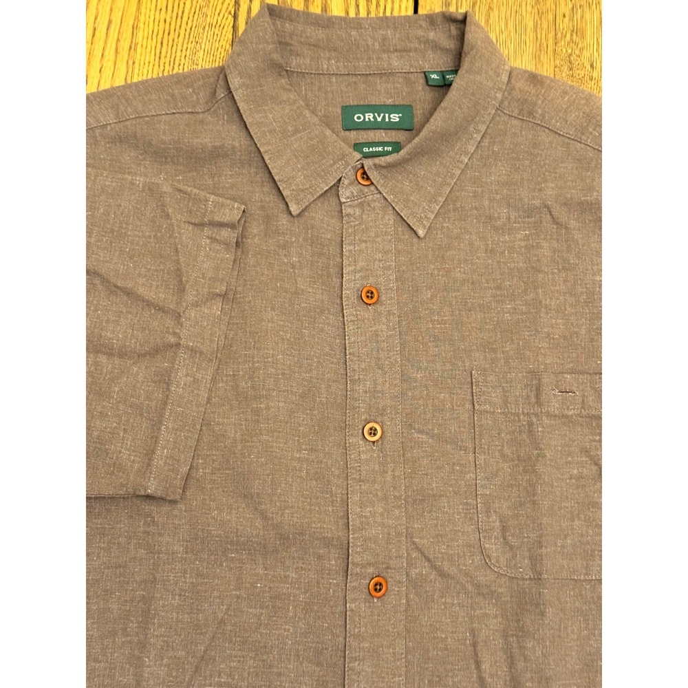 Orvis Hemp Blend Button Down Shirt Mens XL Brown Short Sleeve Outdoors Casual